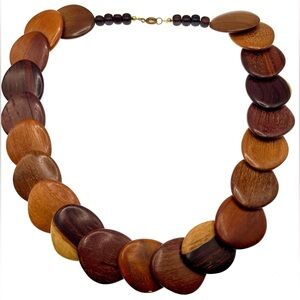 Vintage Wooden Flat Oval Disc Polished Necklace